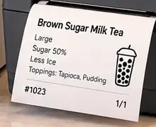 Brown Sugar Milk Tea cup label with size, sugar, ice and toppings