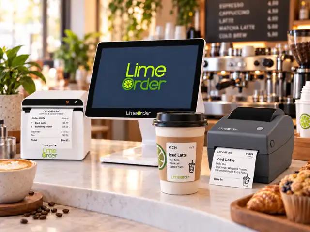 LimeOrder coffee shop POS system with receipt printer, label printer and labeled coffee cup