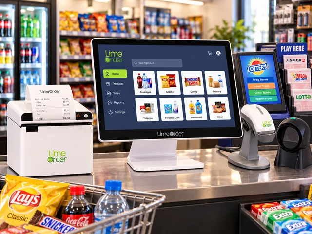 LimeOrder convenience store POS system with touchscreen, receipt printer, barcode scanners and lottery terminal