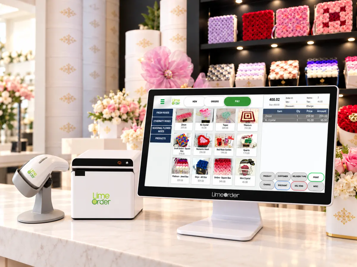 LimeOrder florist and flower shop POS system in Toronto with white touchscreen POS, receipt printer and barcode scanner
