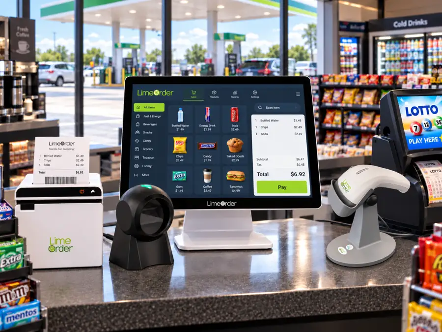 LimeOrder gas station POS system with receipt printer, barcode scanners and lottery terminal
