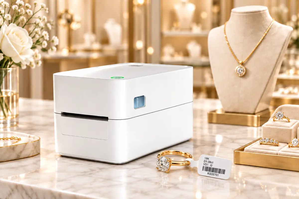 Jewelry label printer with diamond ring and compact jewelry barcode label