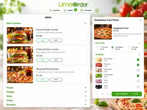 LimeOrder restaurant online ordering with pizza and modifiers