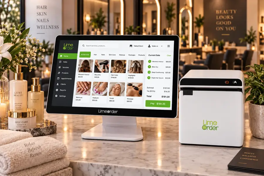 LimeOrder salon and spa POS system with receipt printer